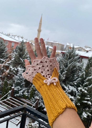 Bohem Tarz Sarı Örgü Kadın Eldiveni Vintage - Görsel 4