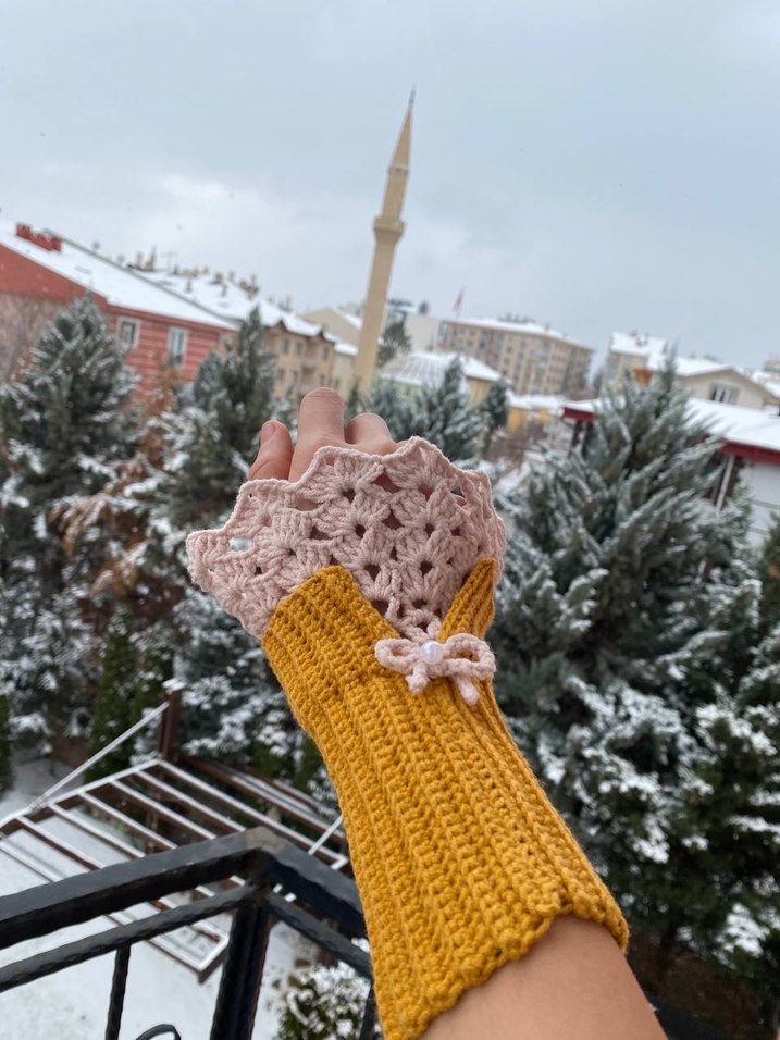 Bohem Tarz Sarı Örgü Kadın Eldiveni Vintage - Görsel 2