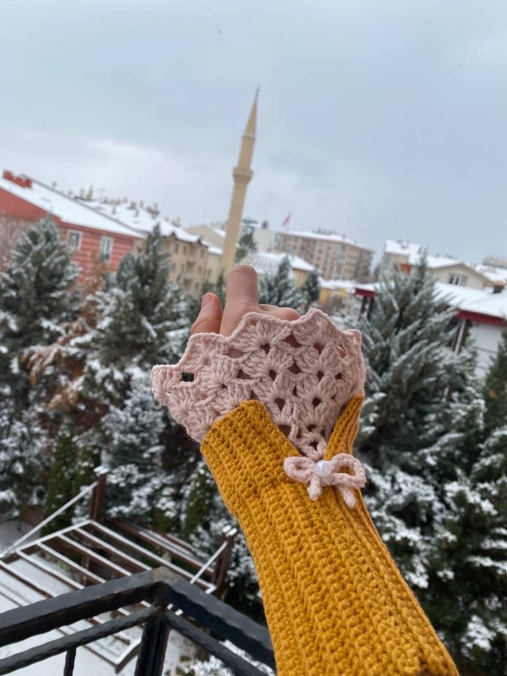 Bohem Tarz Sarı Örgü Kadın Eldiveni Vintage - Görsel 3