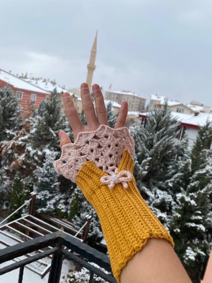 Bohem Tarz Sarı Örgü Kadın Eldiveni Vintage - Görsel 4