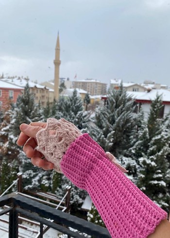Bohem Tarz Pembe Örgü Kadın Eldiveni Vintage - Görsel 4