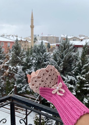 Bohem Tarz Pembe Örgü Kadın Eldiveni Vintage - Görsel 3