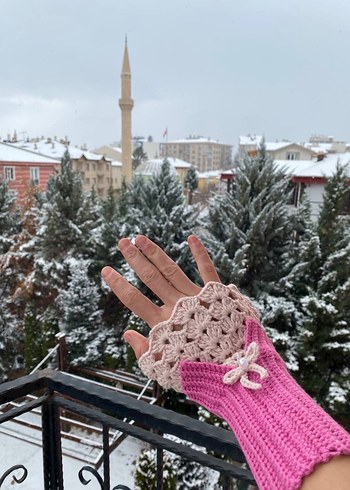 Bohem Tarz Pembe Örgü Kadın Eldiveni Vintage - Görsel 2