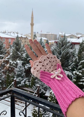 Bohem Tarz Pembe Örgü Kadın Eldiveni Vintage - Görsel 5