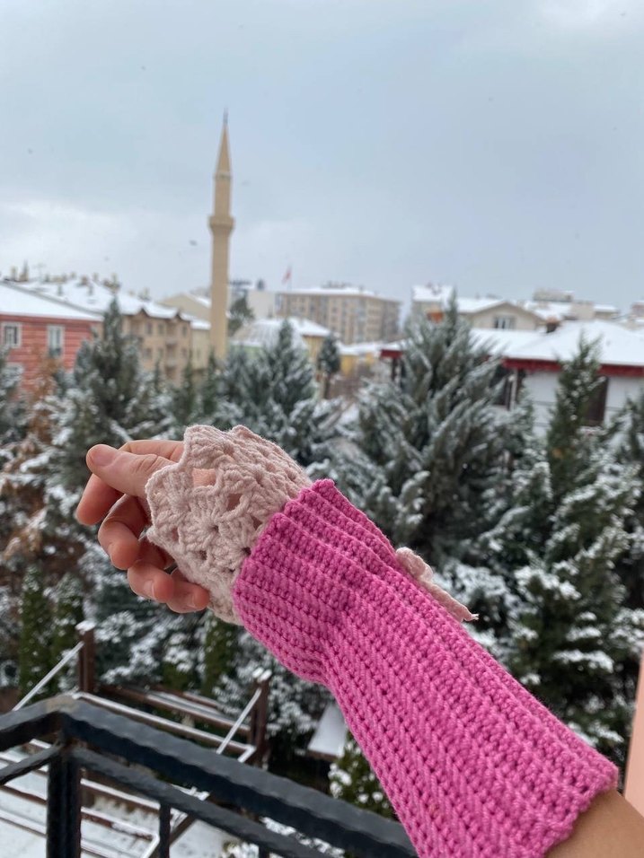 Bohem Tarz Pembe Örgü Kadın Eldiveni Vintage - Görsel 4