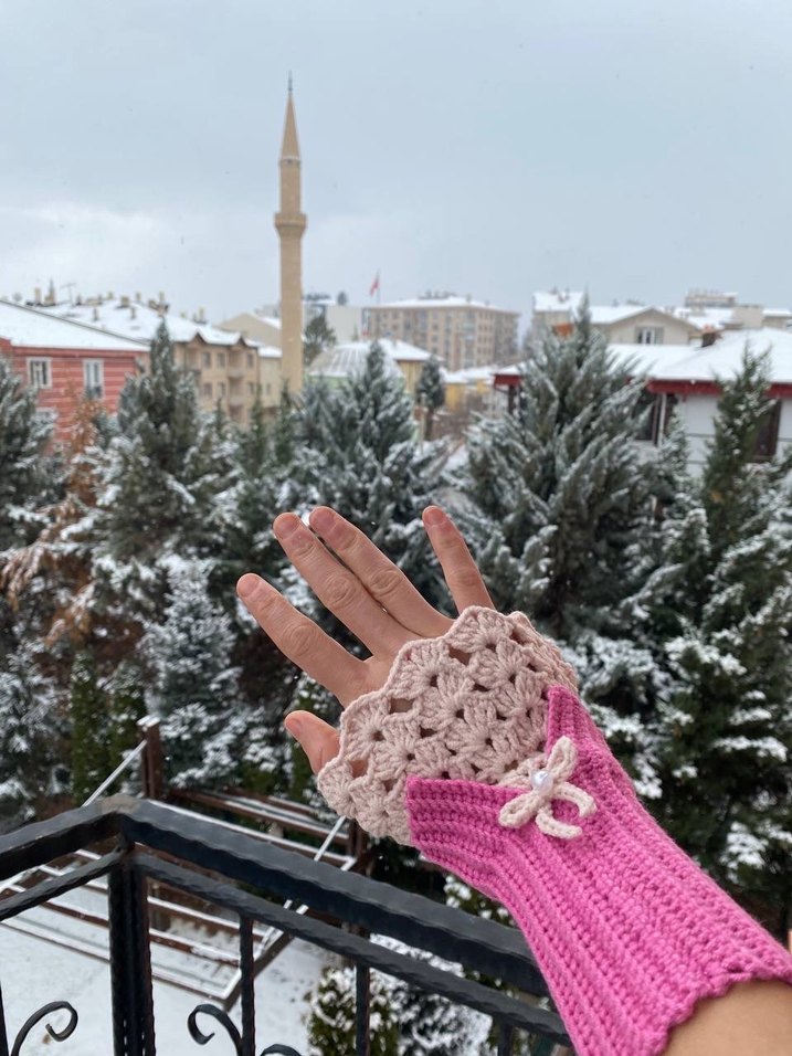 Bohem Tarz Pembe Örgü Kadın Eldiveni Vintage - Görsel 2