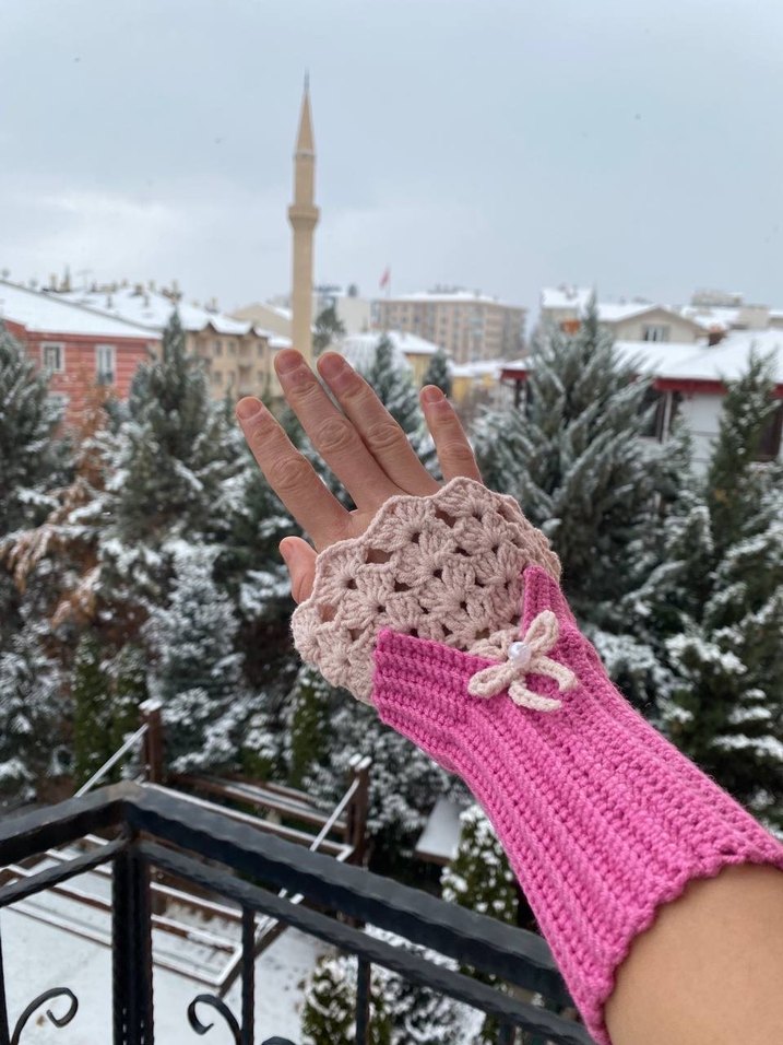 Bohem Tarz Pembe Örgü Kadın Eldiveni Vintage - Görsel 5