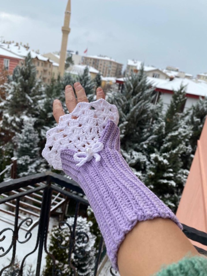 Bohem Mor Beyaz Örgü Kadın Eldiveni - Görsel 3