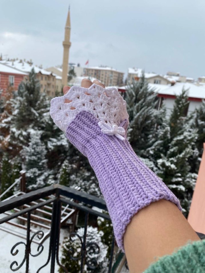 Bohem Mor Beyaz Örgü Kadın Eldiveni - Görsel 4