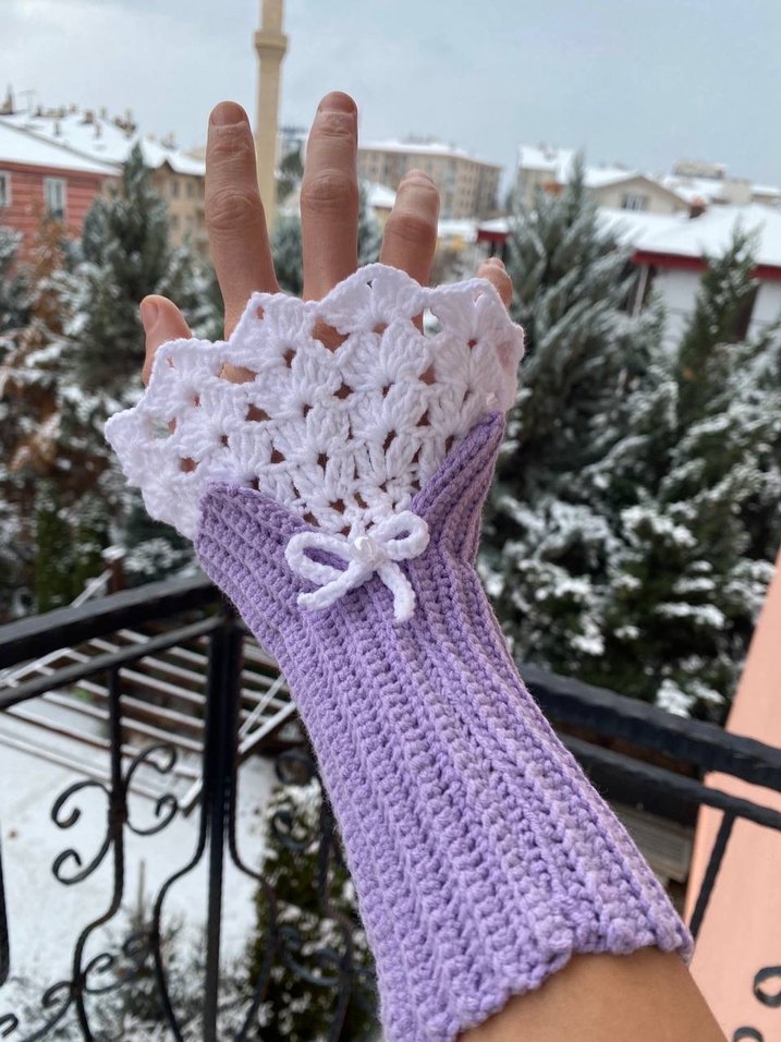 Bohem Mor Beyaz Örgü Kadın Eldiveni - Görsel 2