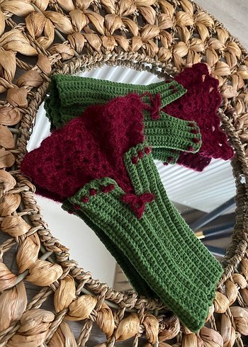 Bordo Yeşil Örgü Bohem Kadın Eldiveni - Görsel 4