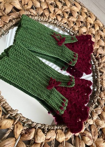 Bordo Yeşil Örgü Bohem Kadın Eldiveni - Görsel 2