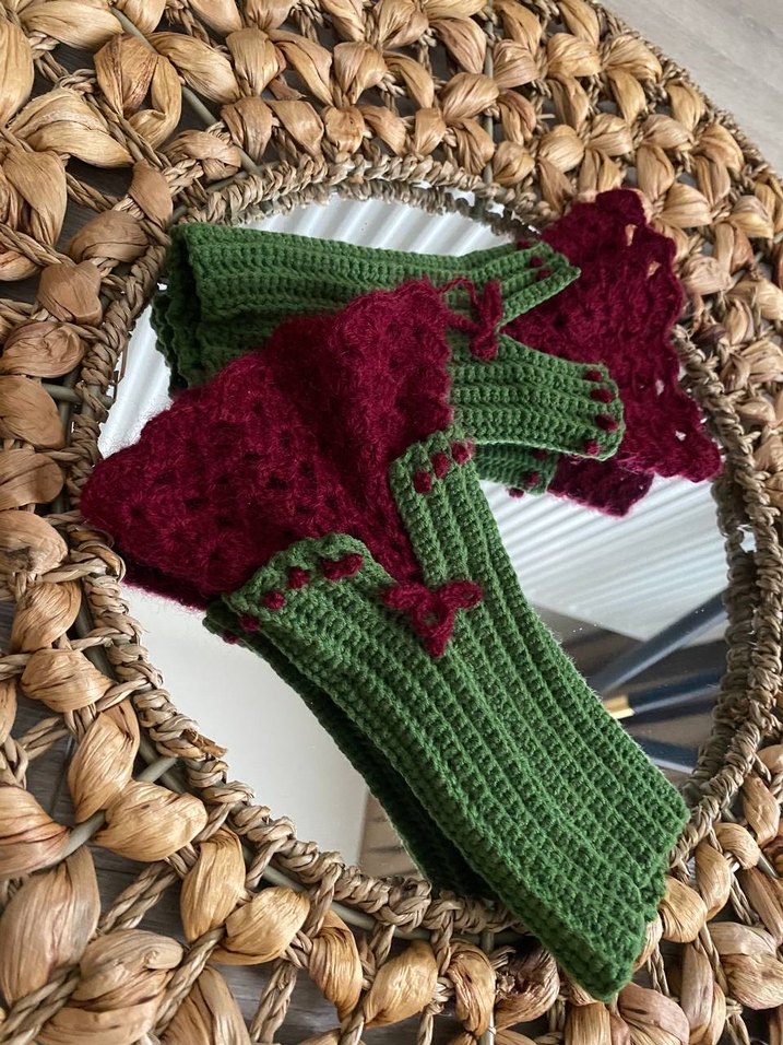 Bordo Yeşil Örgü Bohem Kadın Eldiveni - Görsel 4