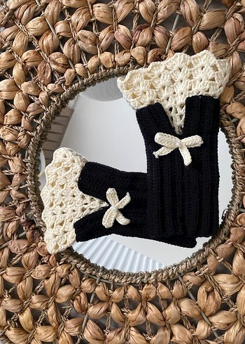 Örgü Siyah ve Beyaz Kadın Eldivenleri Vintage - Görsel 3