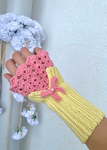 Pembe Örgü Vintage Bohem Kadın Eldiveni - Görsel 4