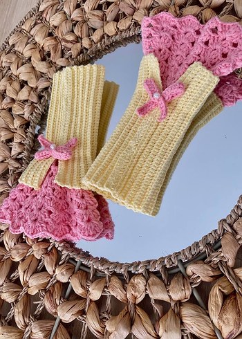Pembe Örgü Vintage Bohem Kadın Eldiveni - Görsel 2