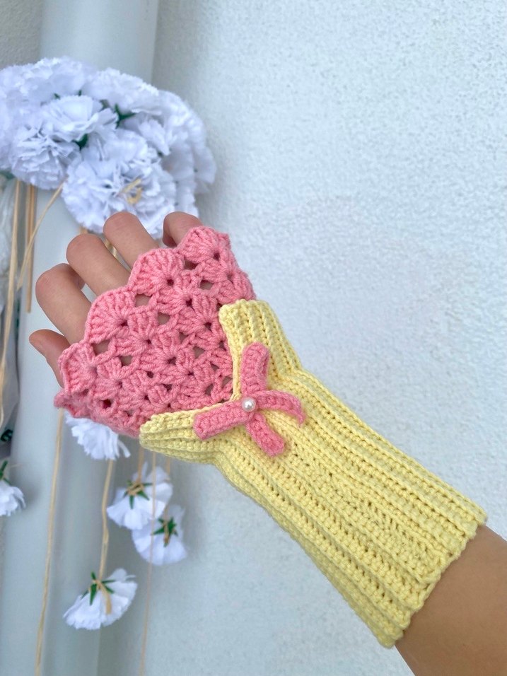 Pembe Örgü  Vintage Bohem Kadın Eldiveni - Görsel 4