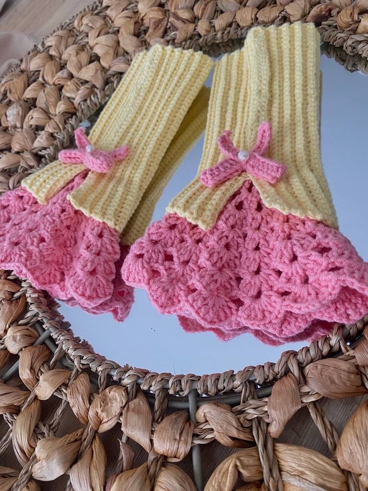 Pembe Örgü  Vintage Bohem Kadın Eldiveni - Görsel 3