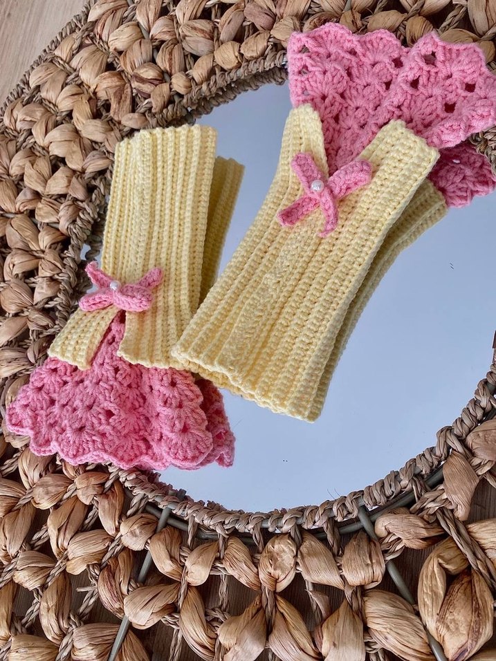 Pembe Örgü  Vintage Bohem Kadın Eldiveni - Görsel 2