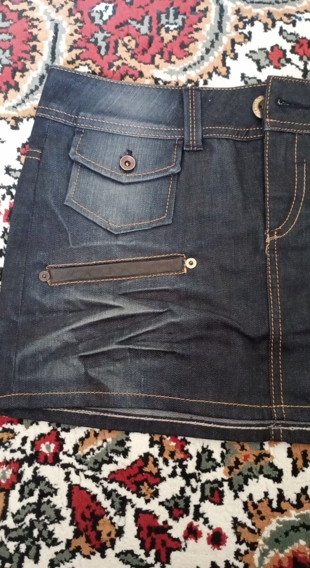YENİ Düğmeli İşlemeli Koyu lacivert i Denim Mini Etek - Görsel 5