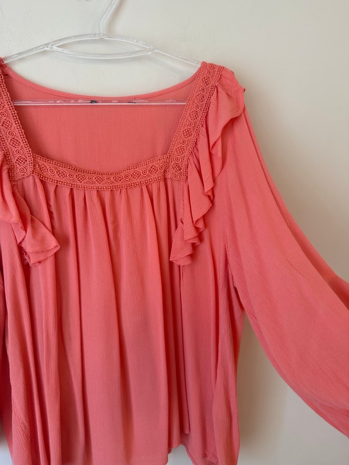 Pembe Keten Salaş Uzun Kollu Bluz - Görsel 2