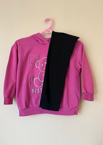 Kız Çocuk Kapüşonlu Pembe Sweatshirt ve tayt - Görsel 4