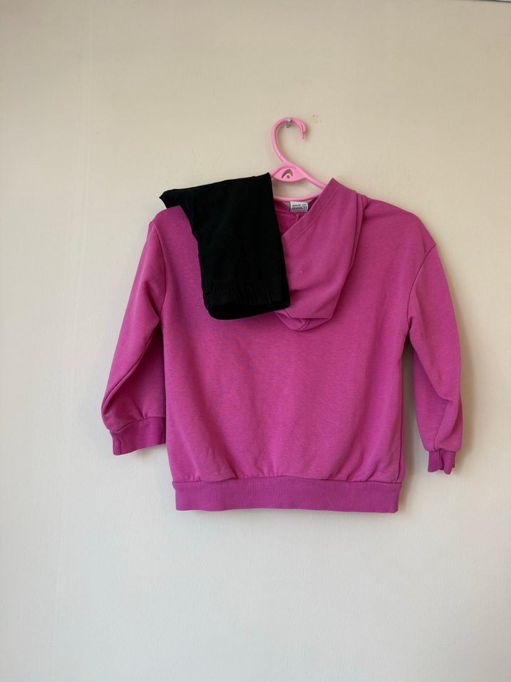 Kız Çocuk Kapüşonlu Pembe Sweatshirt ve tayt - Görsel 2