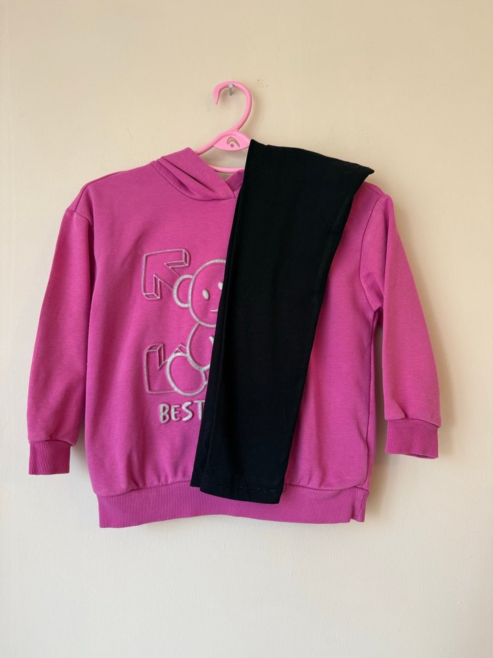 Kız Çocuk Kapüşonlu Pembe Sweatshirt ve tayt - Görsel 4