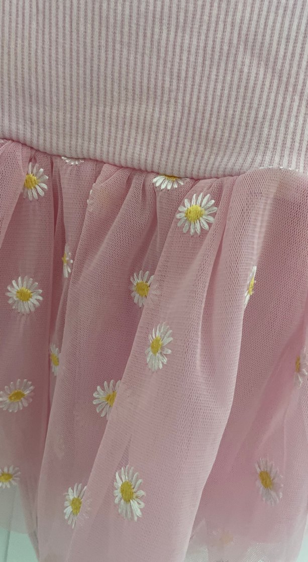 Kız Çocuk Pembe Çiçek Nakışlı Elbise - Görsel 3