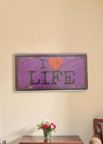 Mor Renkli Vintage 'I love life metal duvar dekorasyonu