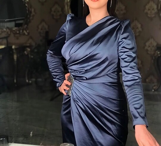 Diğer Gece Mavisi Taş Detaylı Saten Abiye