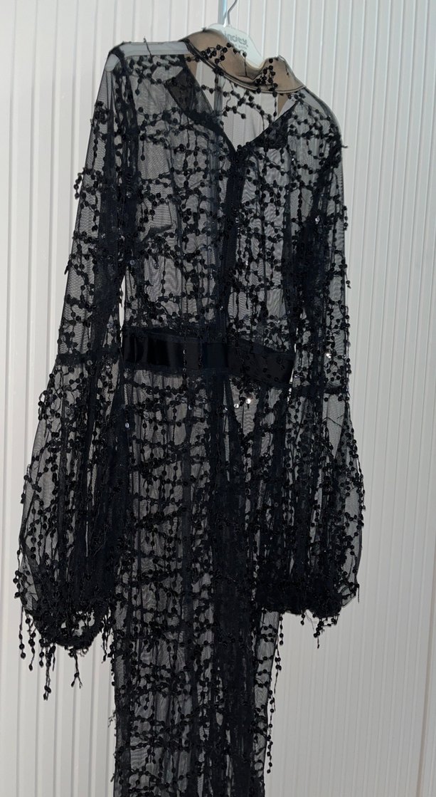 Dantel İşlemeli Siyah Uzun Gotik Elbise ASTARI MEVCUT - Görsel 3