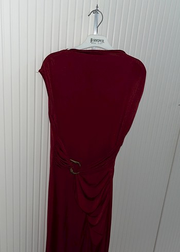 Bordo V Yaka Drapeli Uzun Elbise - Görsel 3