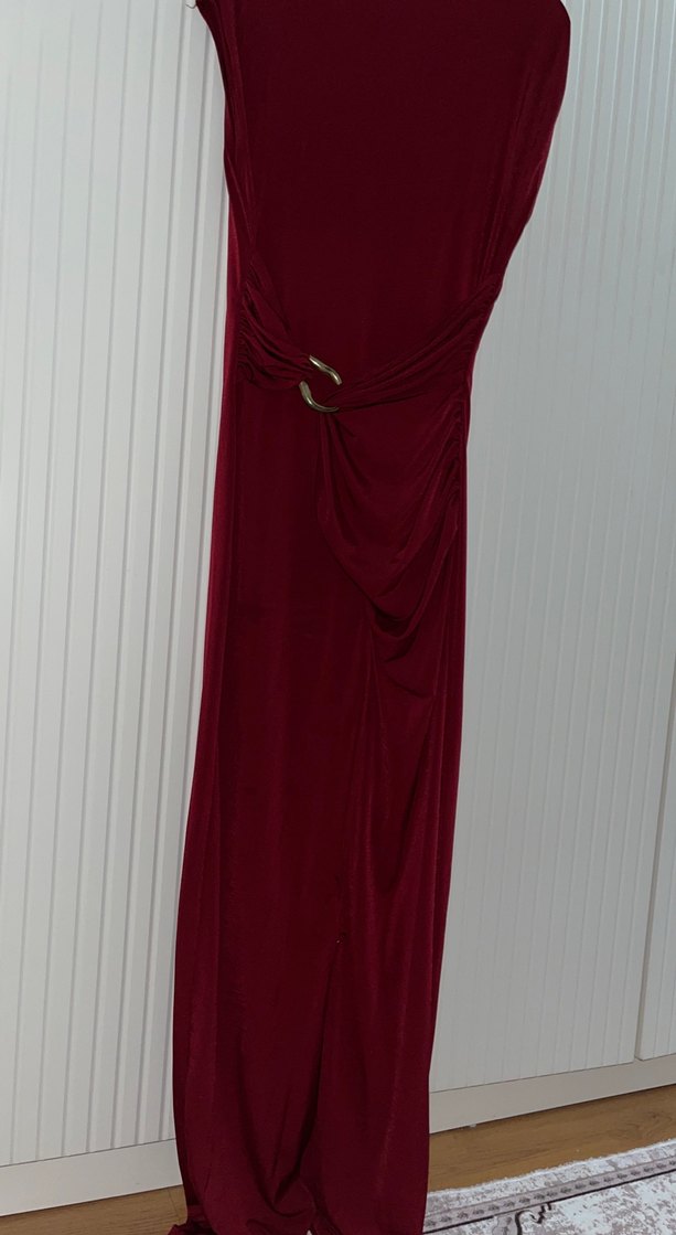 Bordo V Yaka Drapeli Uzun Elbise - Görsel 2