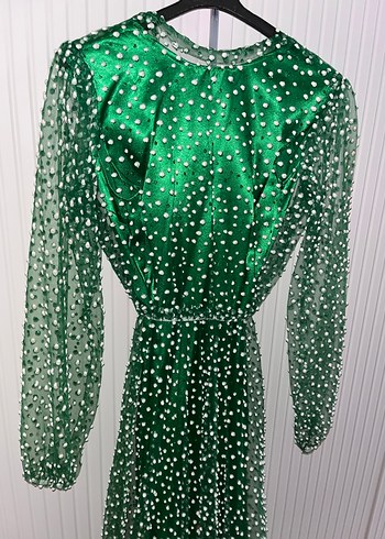 Yeşil Puantiyeli Uzun Kollu Pilili Elbise - Görsel 2