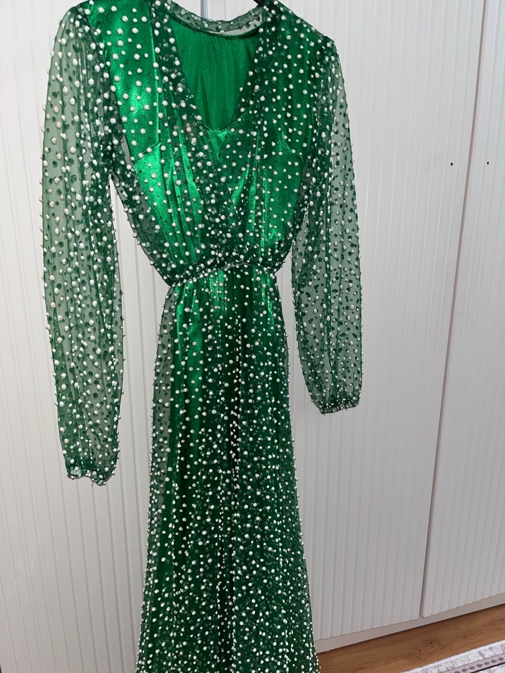 Yeşil Puantiyeli Uzun Kollu Pilili Elbise - Görsel 3