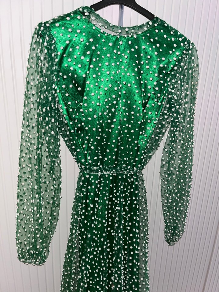 Yeşil Puantiyeli Uzun Kollu Pilili Elbise - Görsel 2