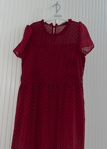 Bordo Puantiyeli Midi Elbise - Görsel 3