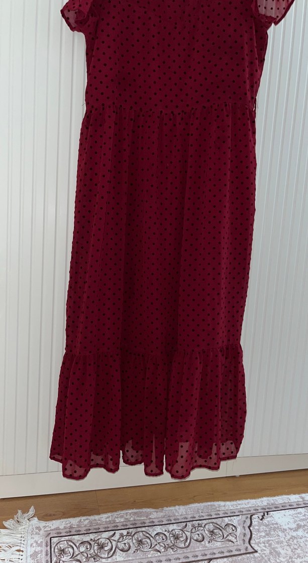 Bordo Puantiyeli Midi Elbise - Görsel 2