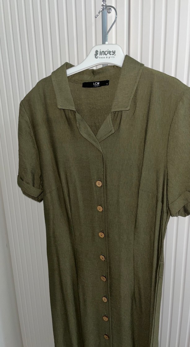 Düğmeli Keten Uzun Elbise - Görsel 3