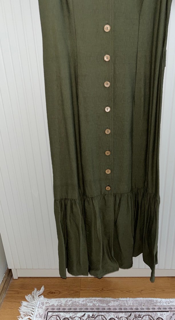 Düğmeli Keten Uzun Elbise - Görsel 2