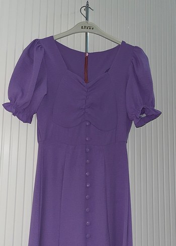 Mor V Yaka Uzun Düğmeli Kadın Elbise - Görsel 3