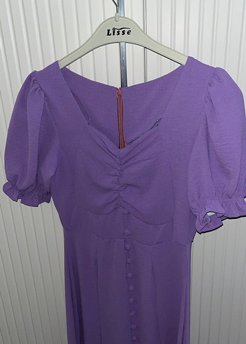 Mor V Yaka Uzun Düğmeli Kadın Elbise - Görsel 4