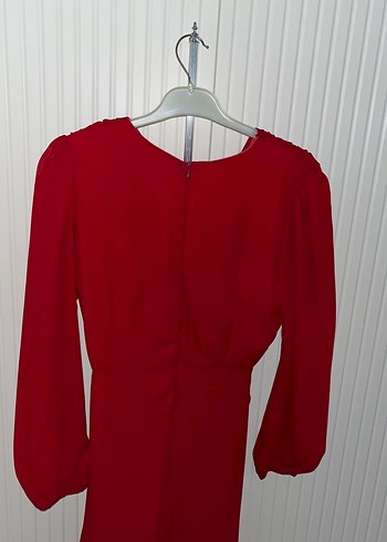 Kırmızı Drapeli Uzun Kollu Kadın Abiye Elbise - Görsel 4