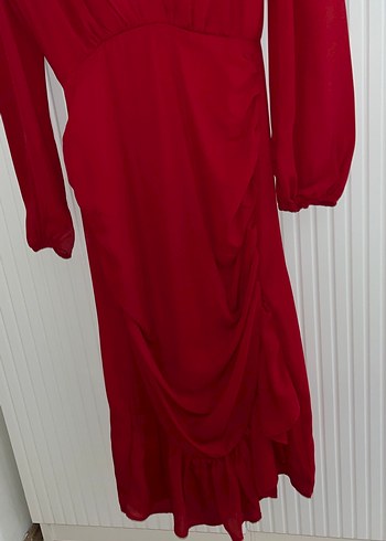 Kırmızı Drapeli Uzun Kollu Kadın Abiye Elbise - Görsel 2