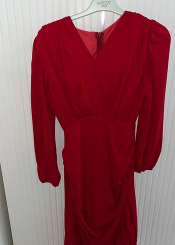 Kırmızı Drapeli Uzun Kollu Kadın Abiye Elbise - Görsel 3
