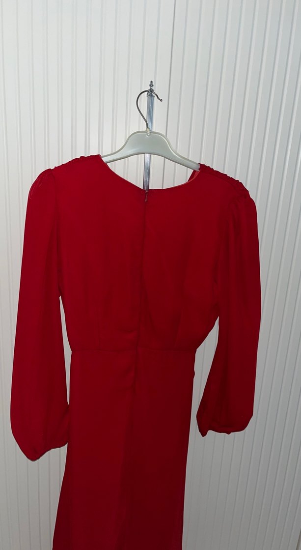Kırmızı Drapeli Uzun Kollu Kadın Abiye Elbise - Görsel 4