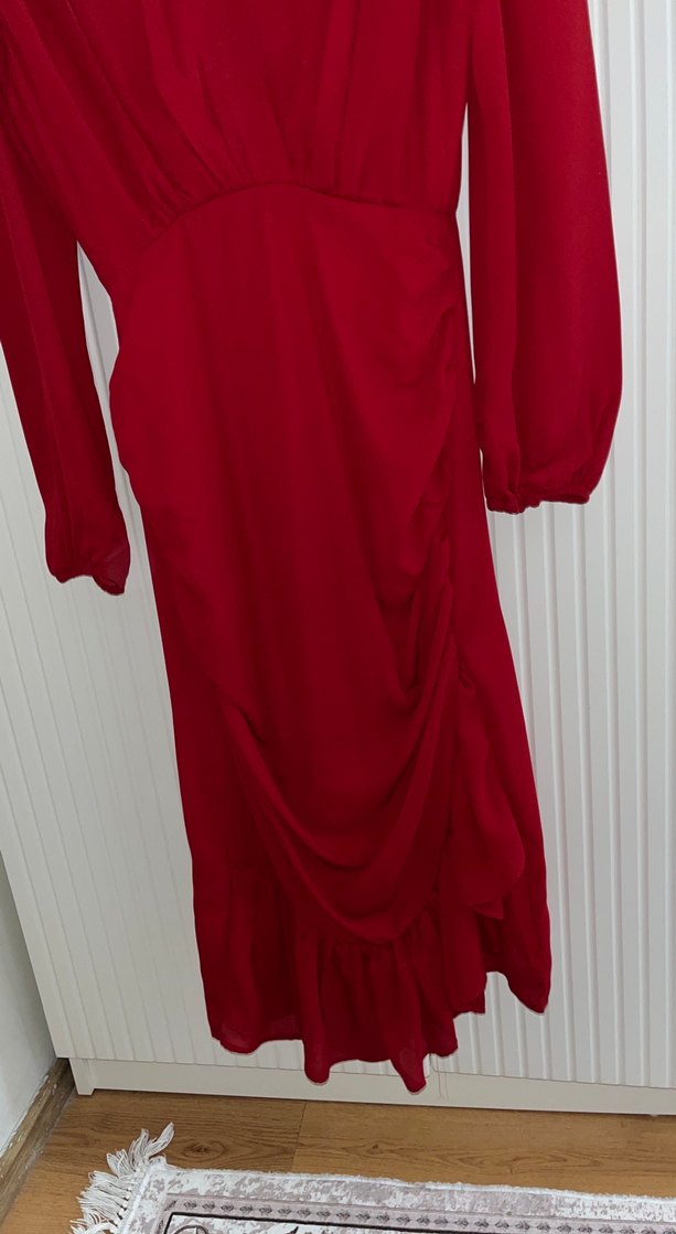 Kırmızı Drapeli Uzun Kollu Kadın Abiye Elbise - Görsel 2