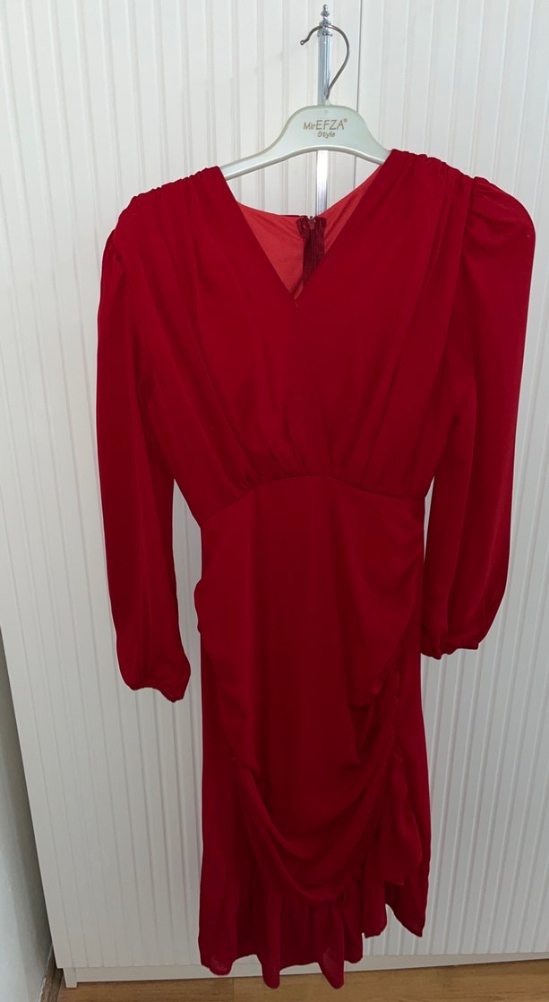 Kırmızı Drapeli Uzun Kollu Kadın Abiye Elbise - Görsel 3