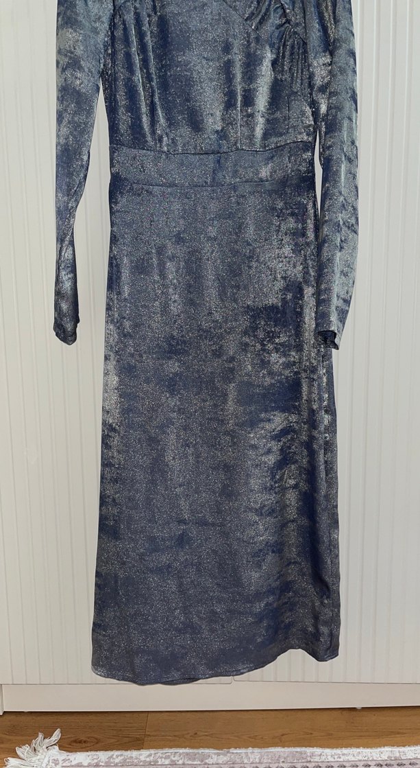 V Yaka Drapeli Lacivert Uzun Kadın Elbise Özel tasarım - Görsel 2